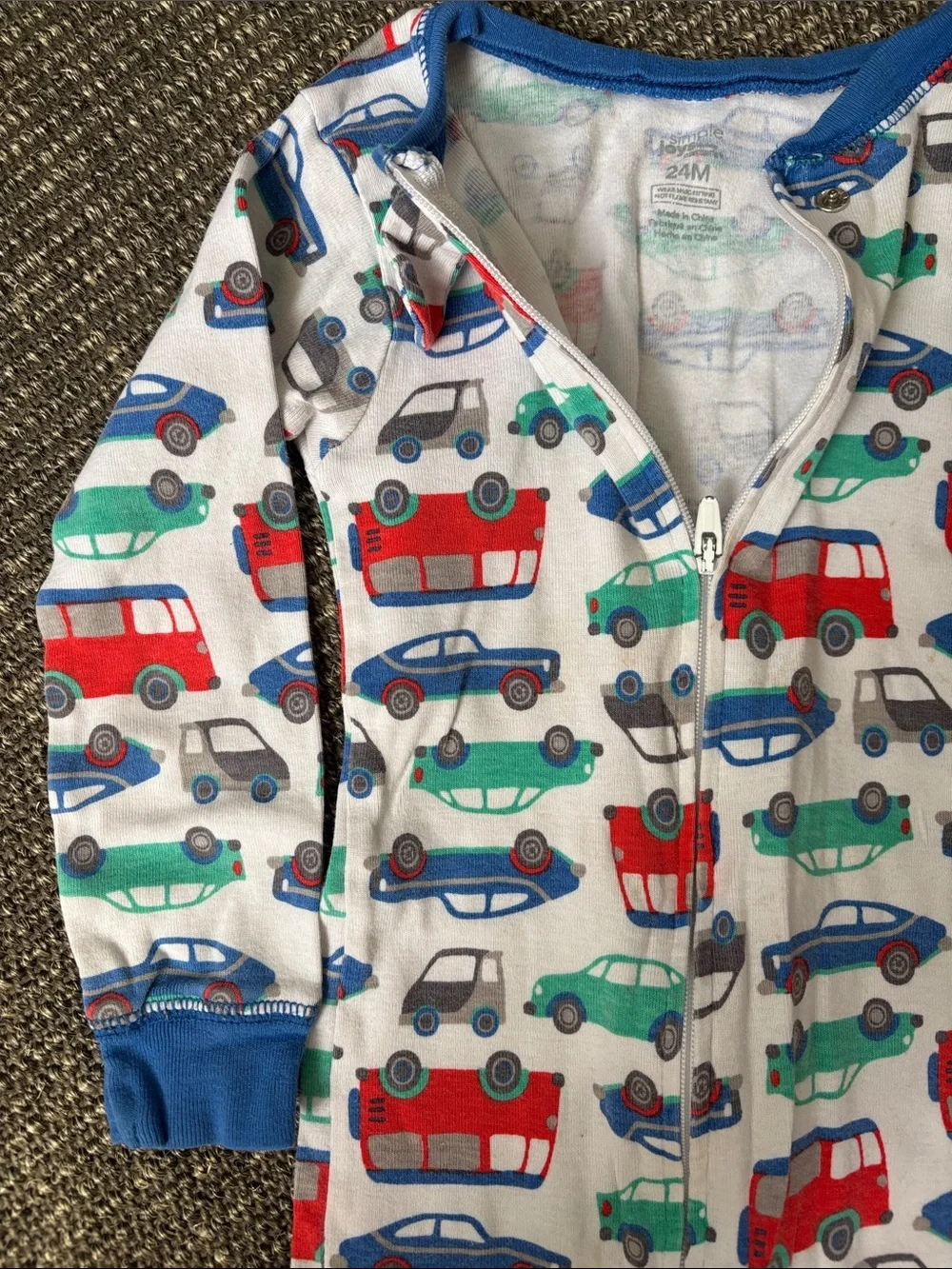 White Kids One-Piece Footie with Red and Blue Car Print